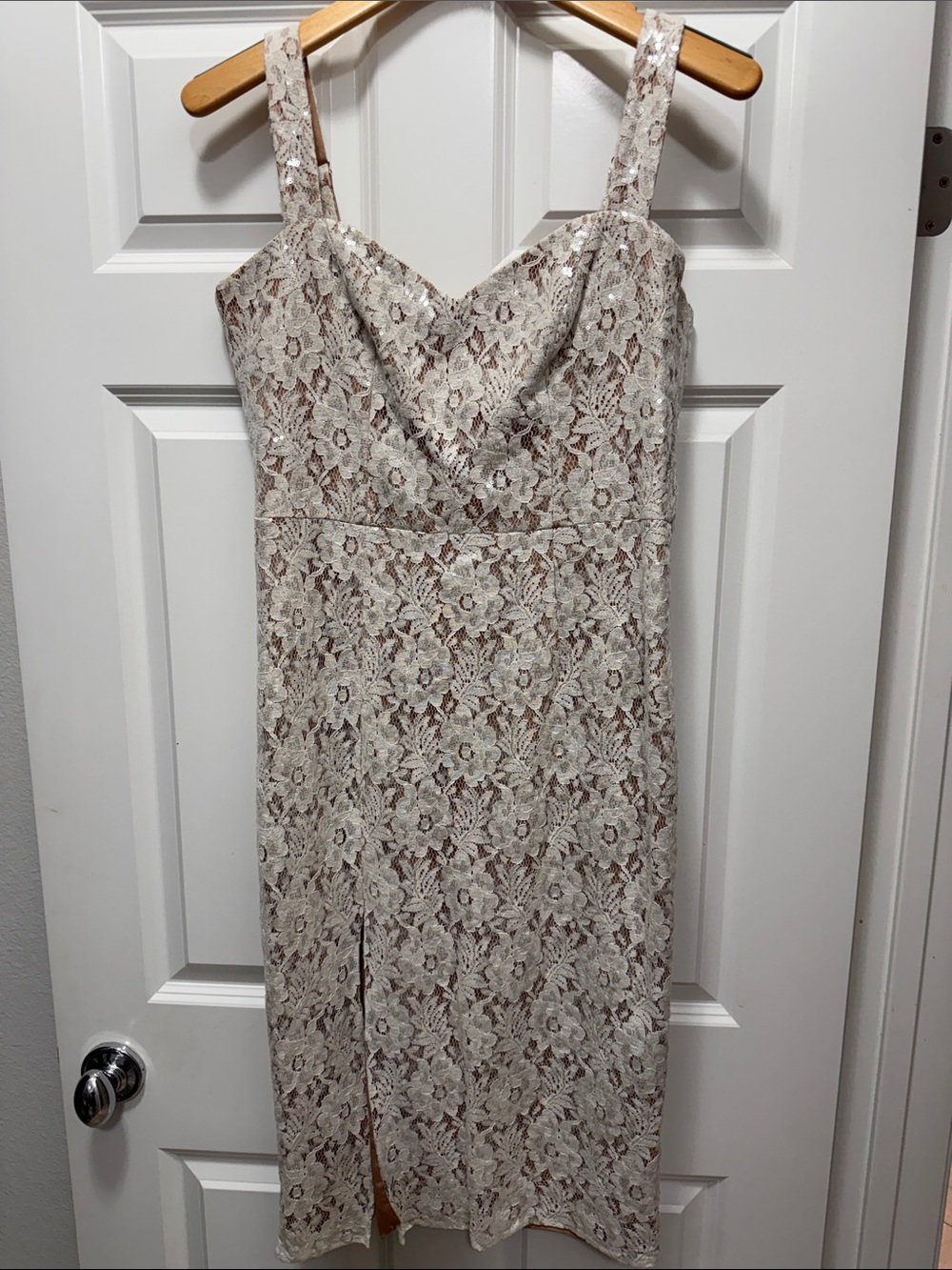 Dress the Population Ivory Lace Midi Dress with Spaghetti Straps